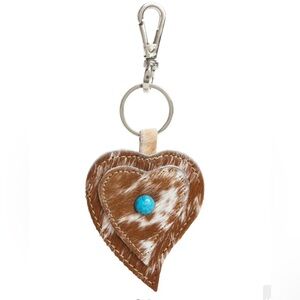 Myra Bag Heart Cowhide Keychain with Blue Accent HEART'S LOVE KEY FOB IN CARAMEL